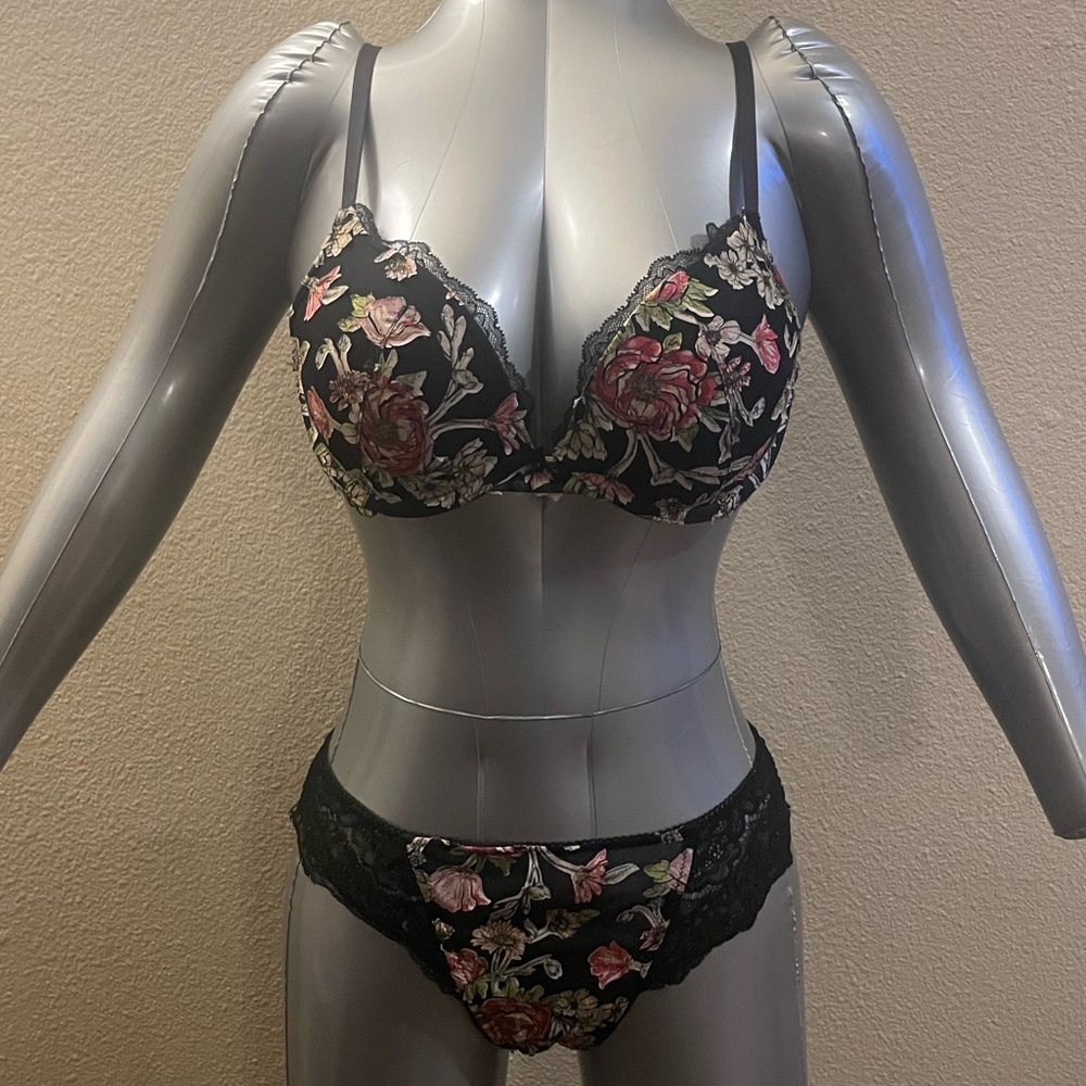 Victoria's Secret Black Bra & Panty Set with Red Floral Design